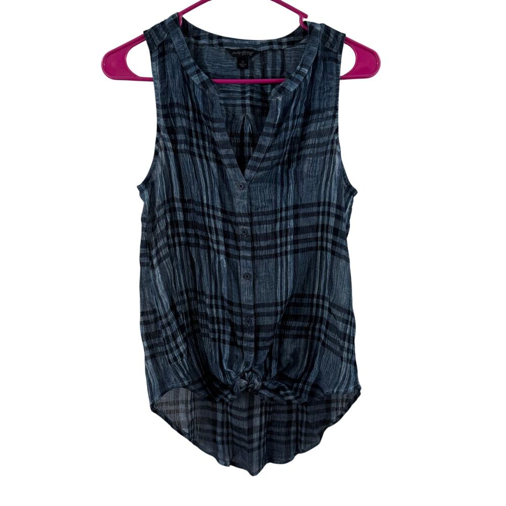Lucky Brand Tank Top SZ Small Plaid Button Front Blue Sheer Sleeveless Tie Waist